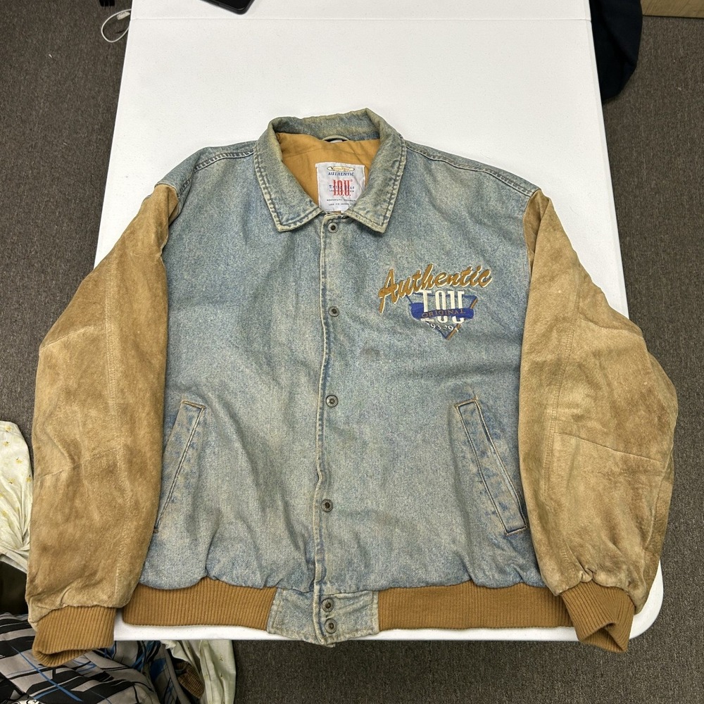 Extra Blue Varsity Jacket Mens L Blue Tan Leather Sleeve Denim Embroidered 93-94
